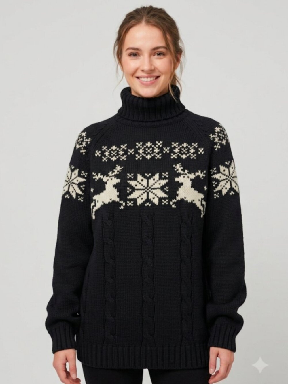 Vintage Lands End Reindeer Sweater Women's Large Turtleneck Cotton Black